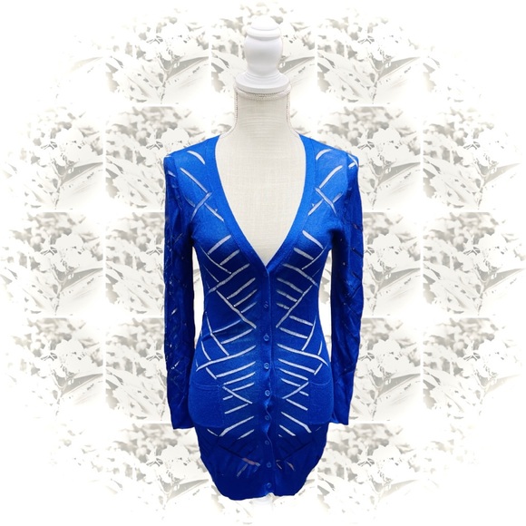 UFFIZI ITALYM/LShort Hills NJ Cobalt Crosshatch Laser-Cut Thin Cardigan